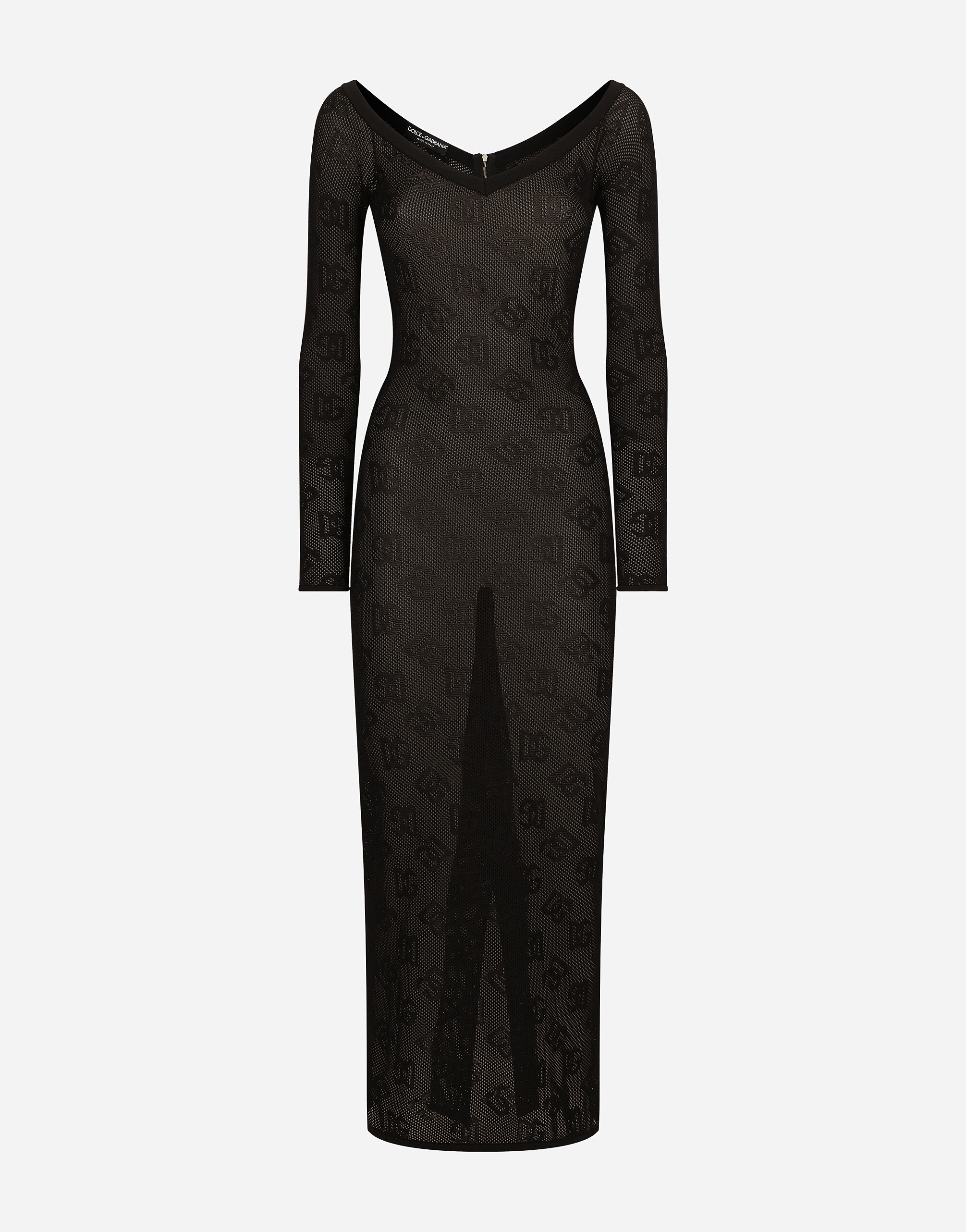 Dolce & Gabbana Mesh-stitch sheath dress with jacquard DG logo Black FXV15ZJFMBC