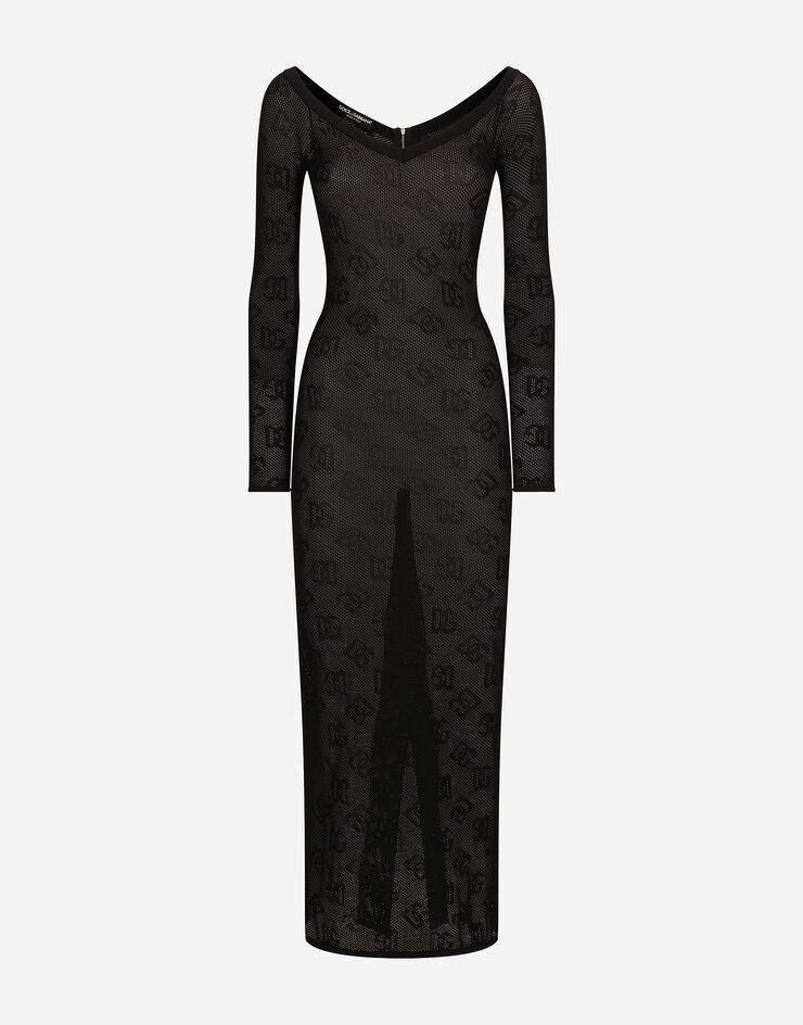 Dolce & Gabbana Vestido de tubo de punto de malla con logotipo DG jacquard Negro FXS04TJFMAL
