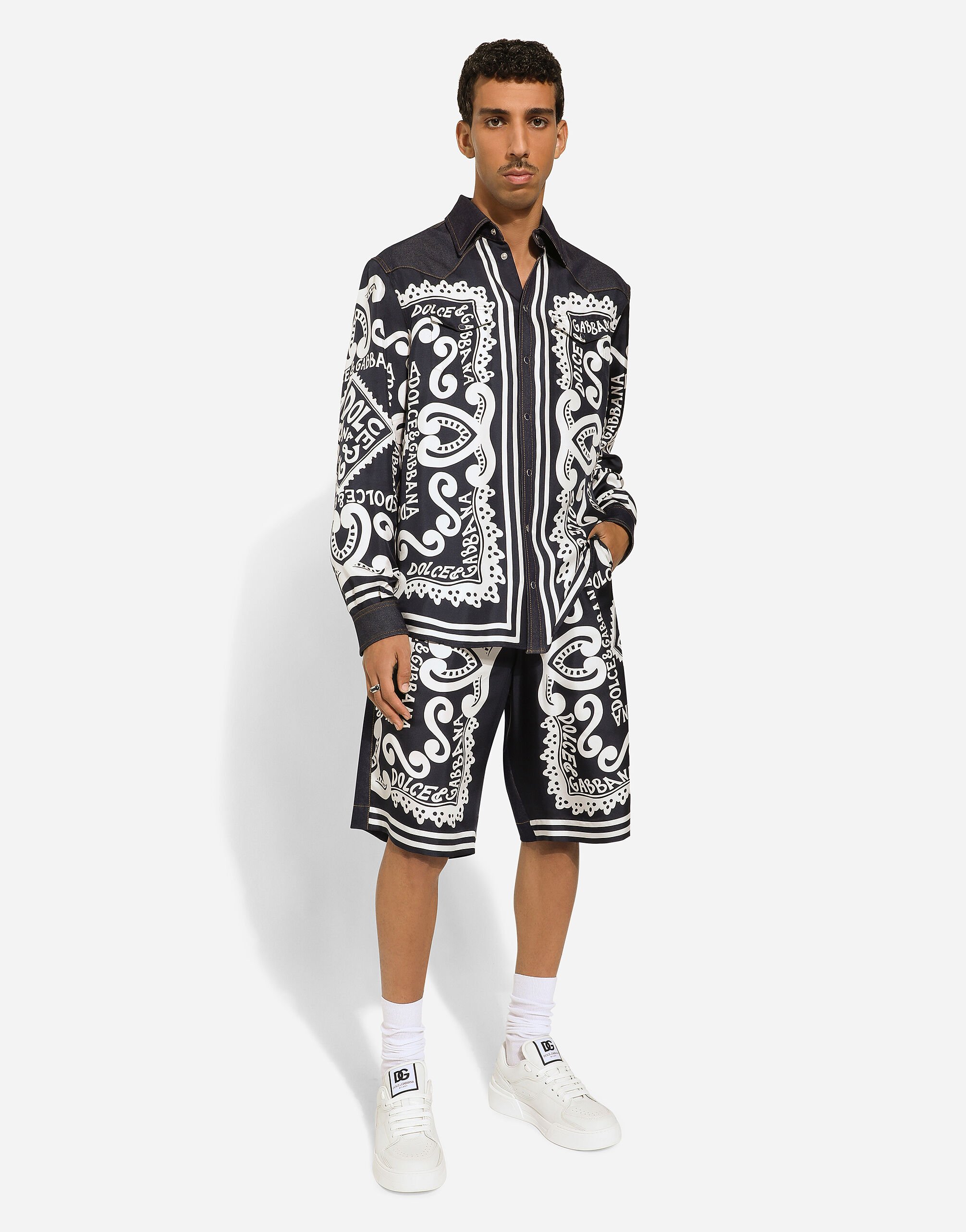 Silk and stretch denim shorts with Marina print in Blue for Men Dolce Gabbana US
