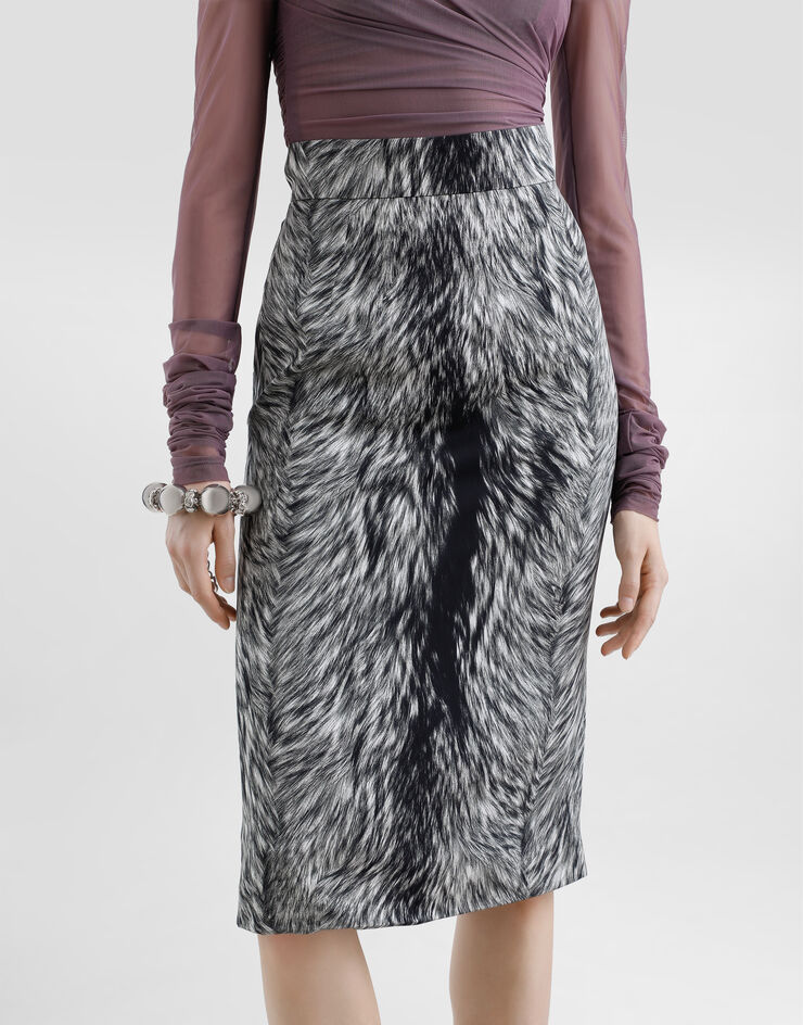 Dolce & Gabbana Charmeuse midi pencil skirt with fur print Grey F4C2LTFSA71