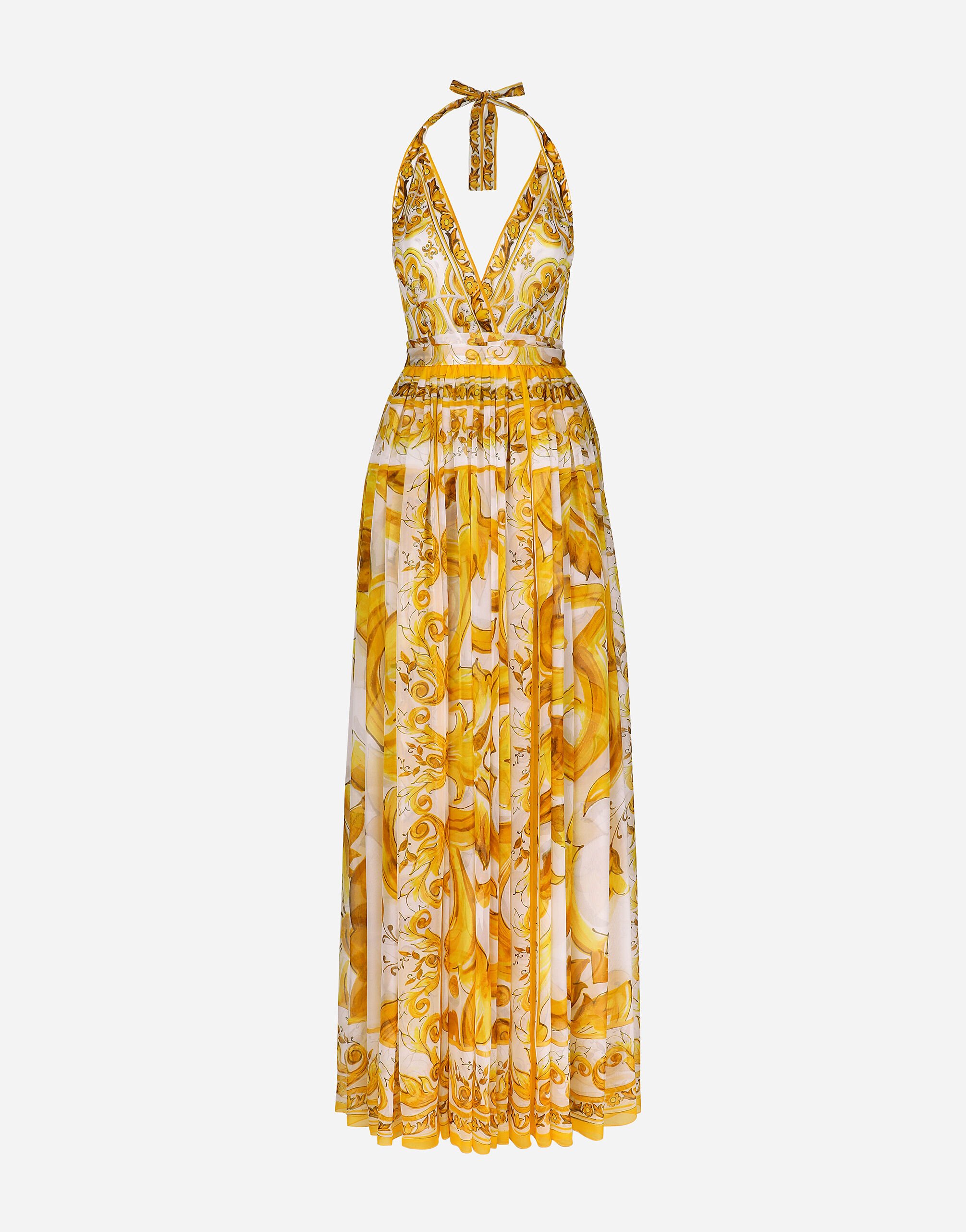 Dolce & Gabbana Ärmelloses langes Kleid aus Seidenchiffon Majolika-Print Gelb BB6003AW050