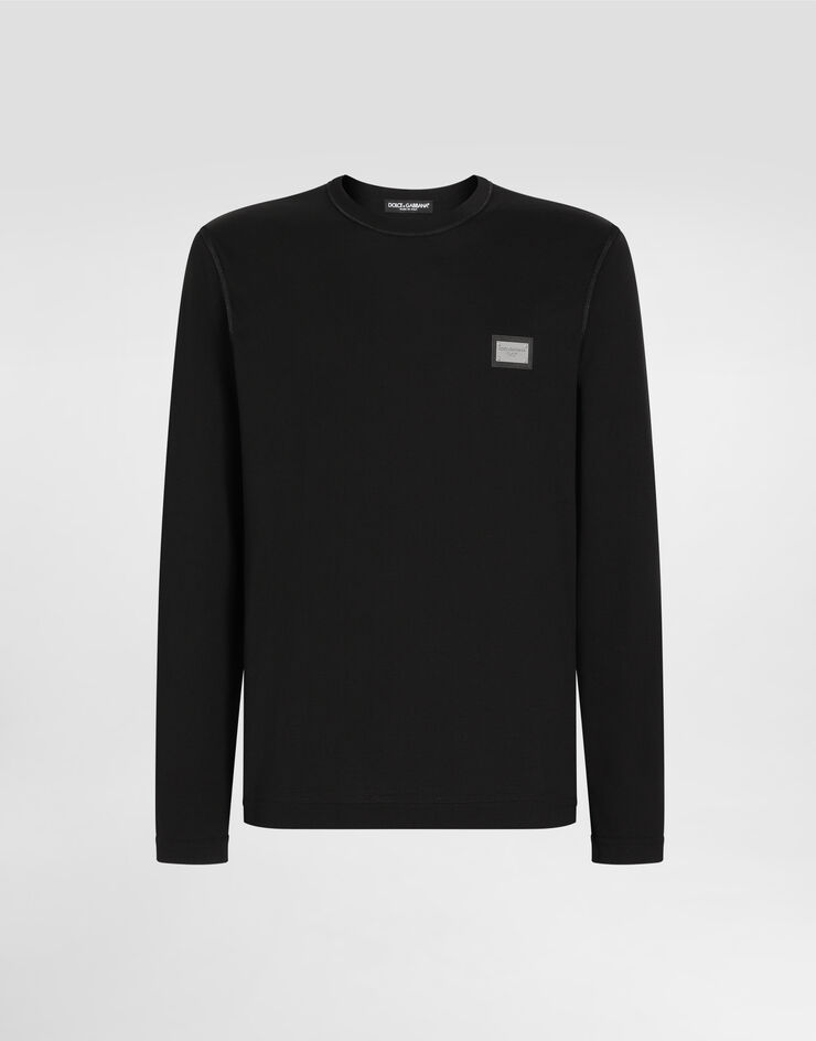 Dolce&Gabbana Langarm-T-Shirt mit Logoplakette Schwarz G8PV0TG7F2I