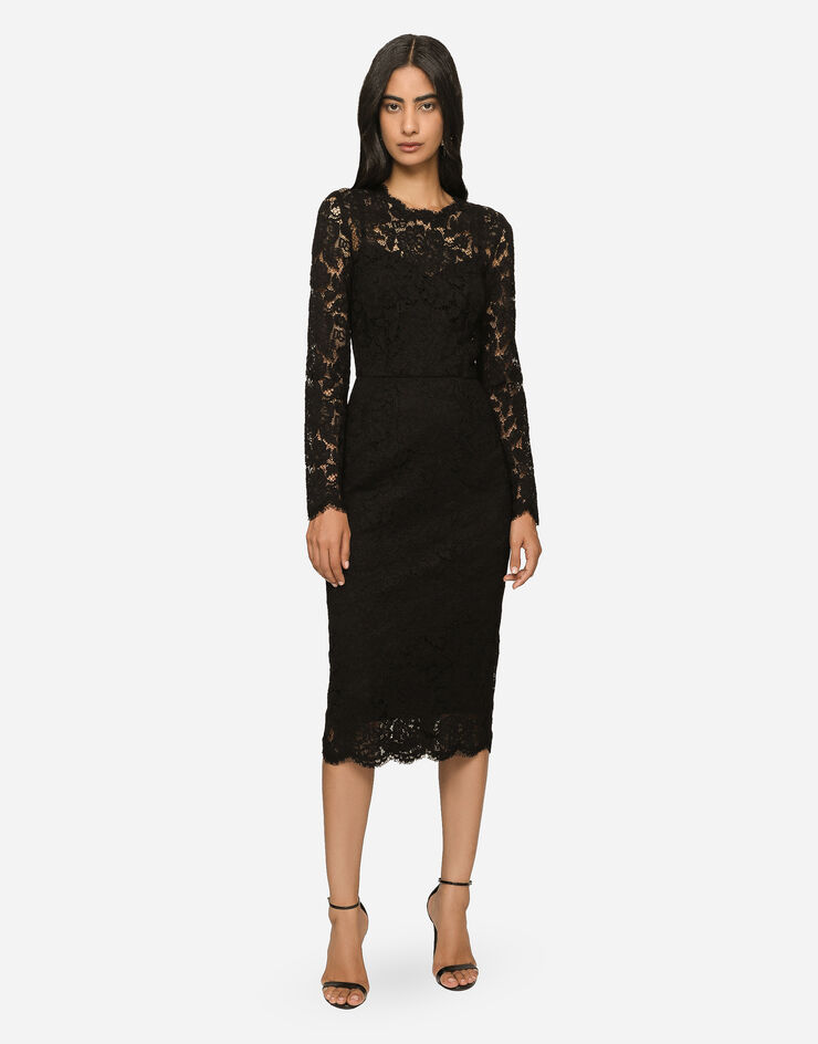 Dolce & Gabbana Vestido longuette de manga larga en encaje elástico con logotipo Negro F6M0DTFLRE1