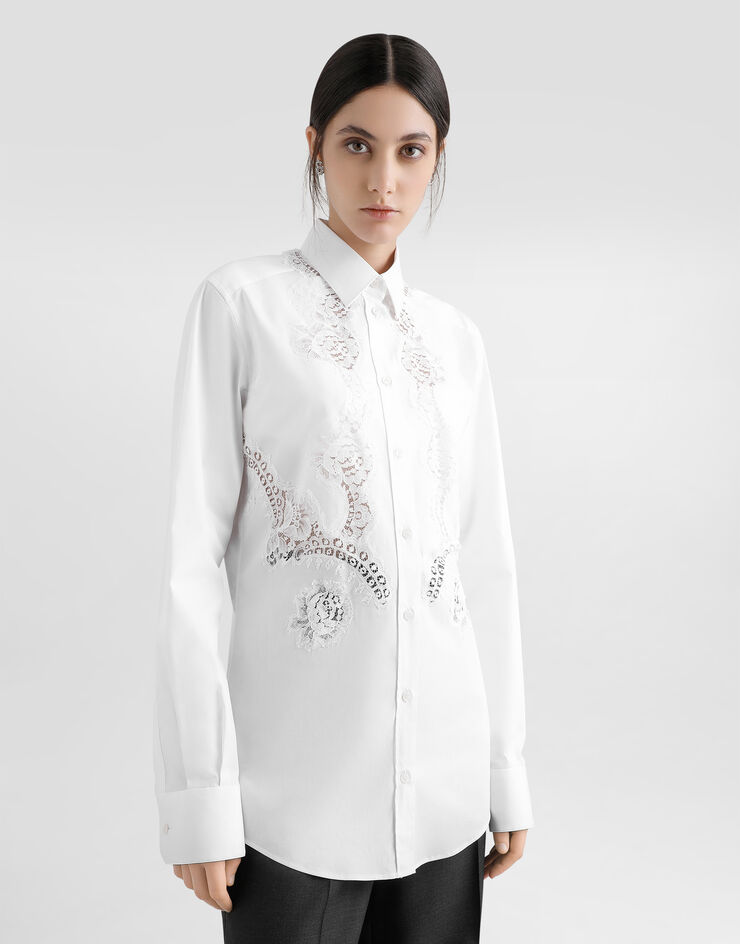 Dolce & Gabbana Bluse aus Baumwollpopeline mit Spitzeneinsatz Weiss F5T32TFUEAJ