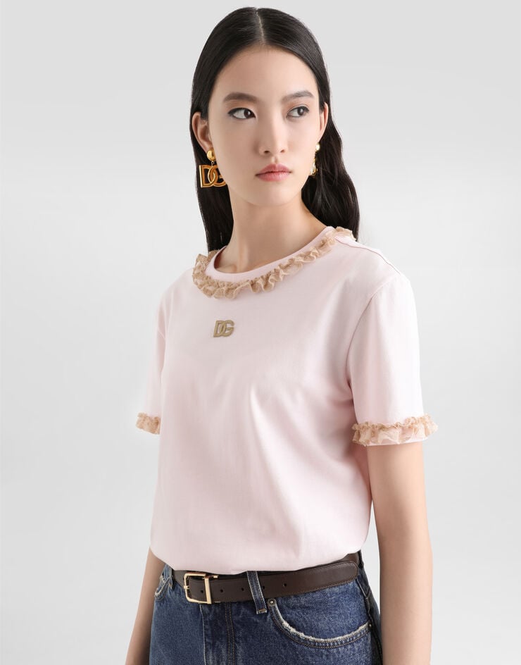 Dolce & Gabbana Camiseta en jersey con encaje y bordado Pink F8V42ZGDDPN