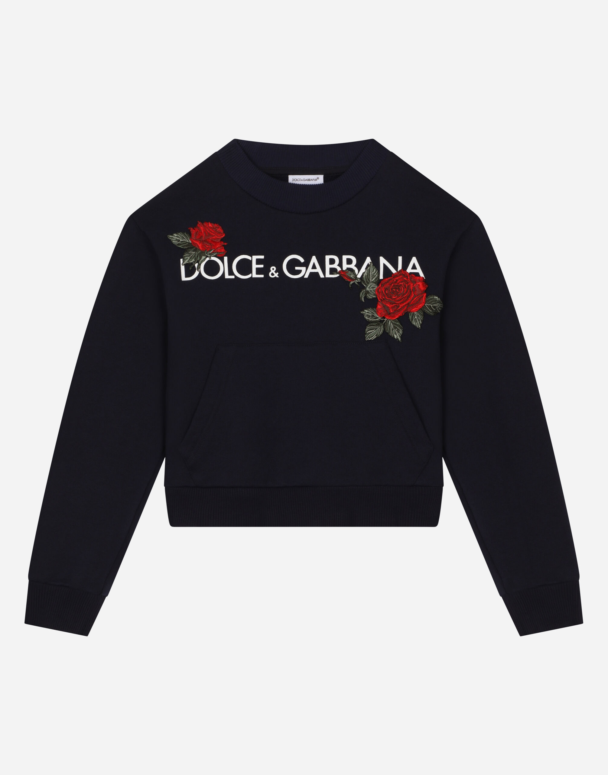 Round neck sweatshirt with logo print and rose patch in Blue for Girls Dolce Gabbana