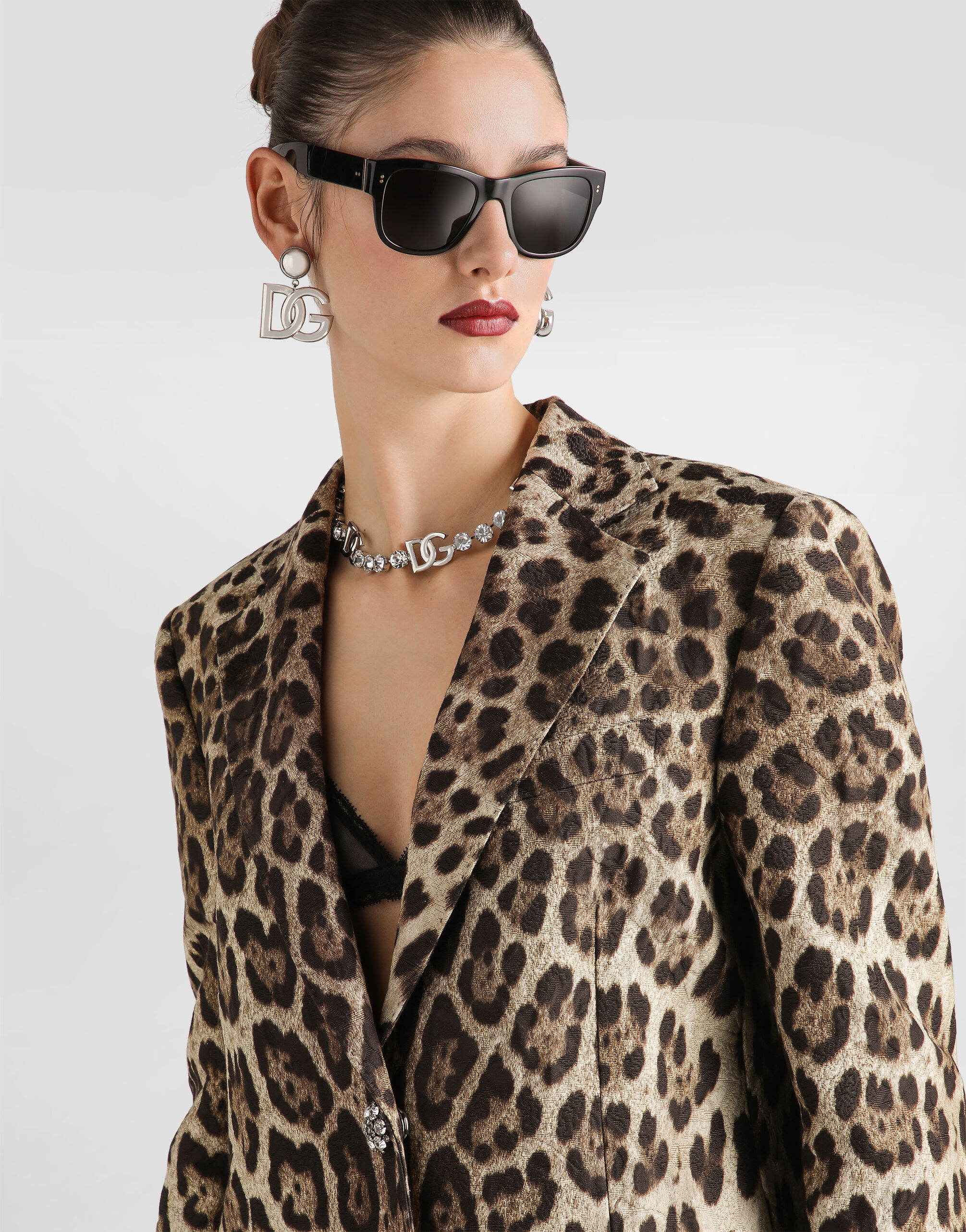 Leo-print brocade single-breasted coat with jewel buttons in Print
