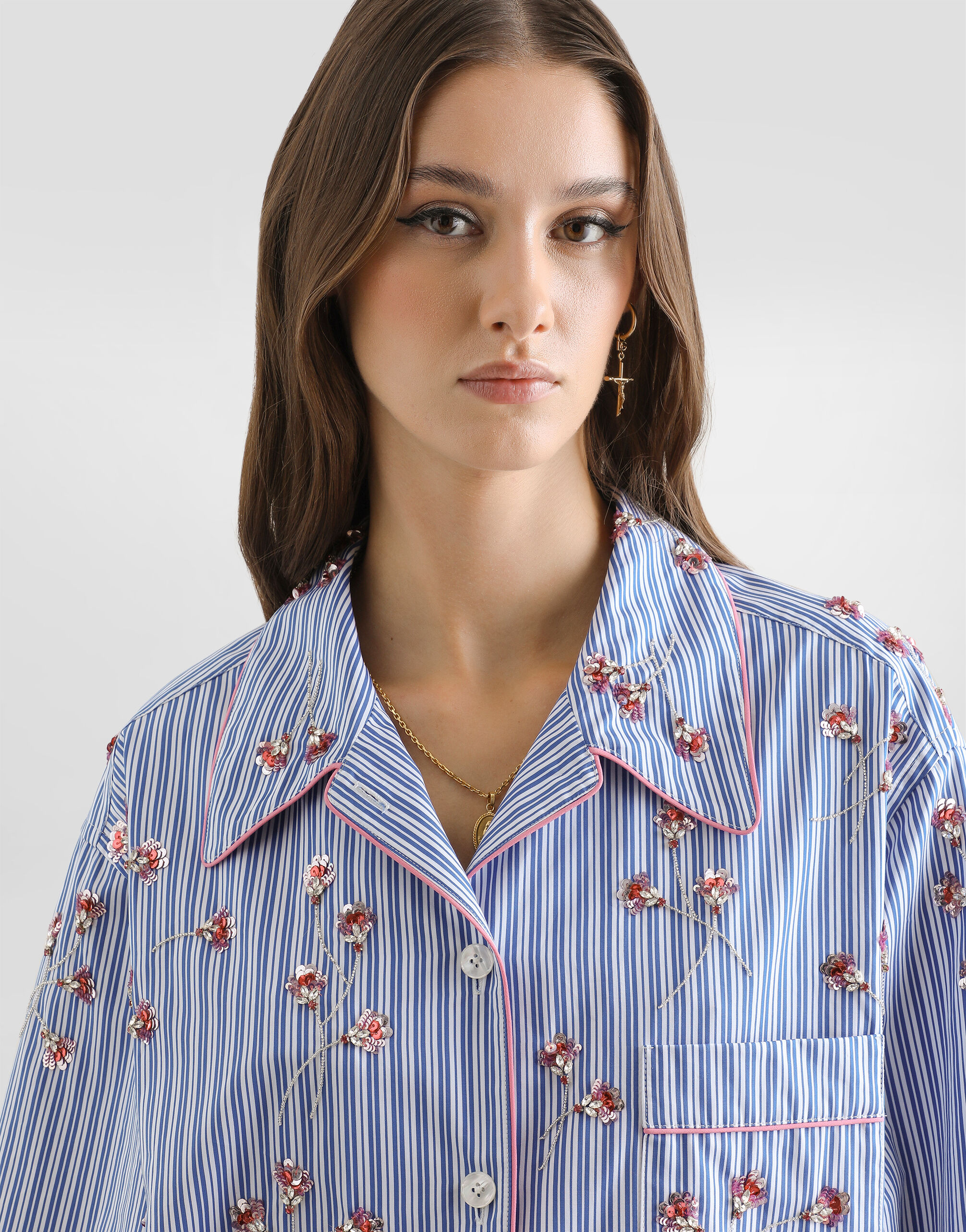 Poplin shirt with crystal flower embroidery in Multicolor for