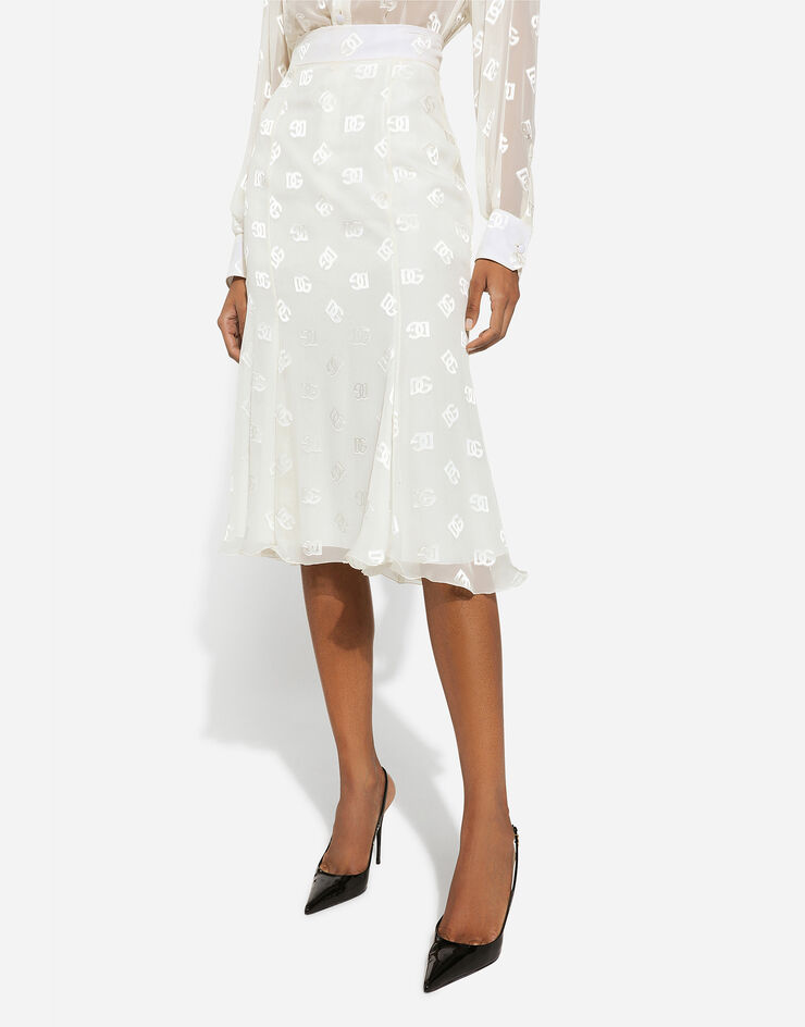 Dolce & Gabbana Dévoré satin godet skirt with DG logo White F4CCHTFJ9AF
