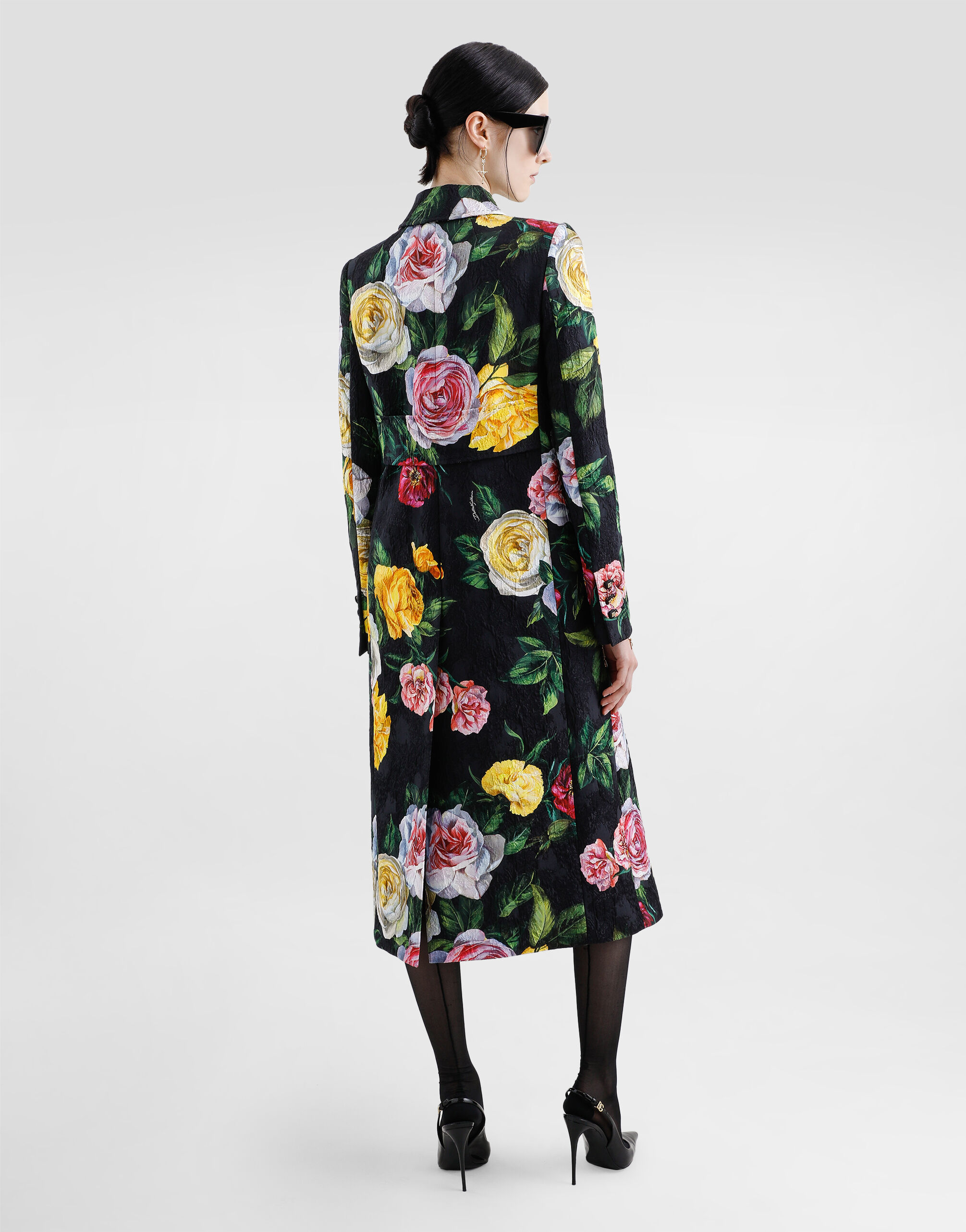 Charmeuse calf-length sheath dress with peony and rose print in