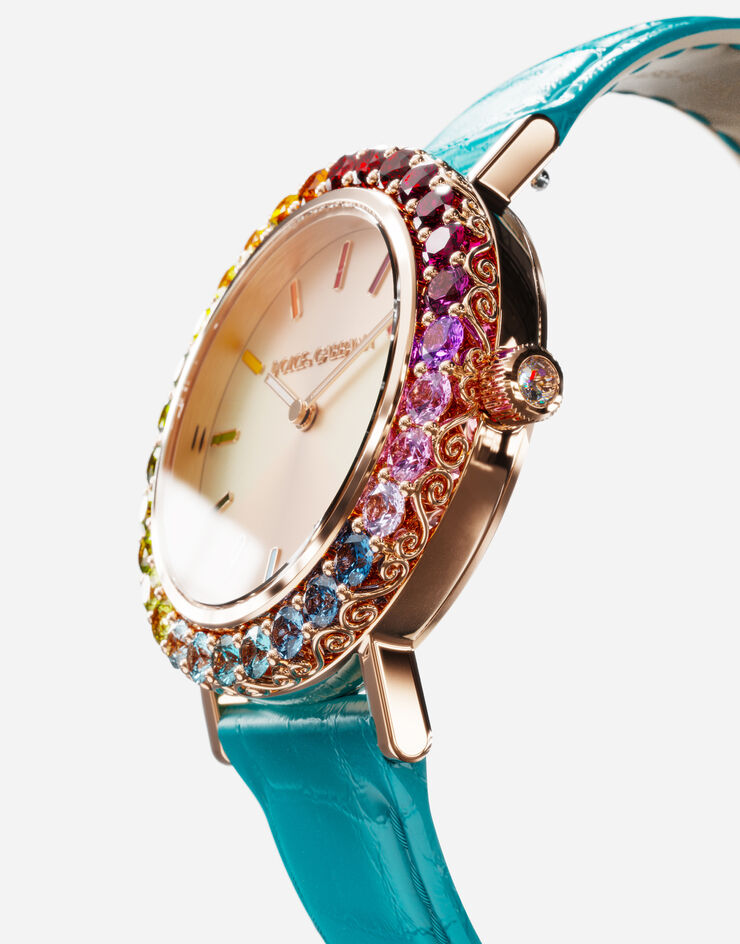 Dolce & Gabbana Iris 彩色宝石玫瑰金腕表 土耳其蓝 WWLB2GXA1XA