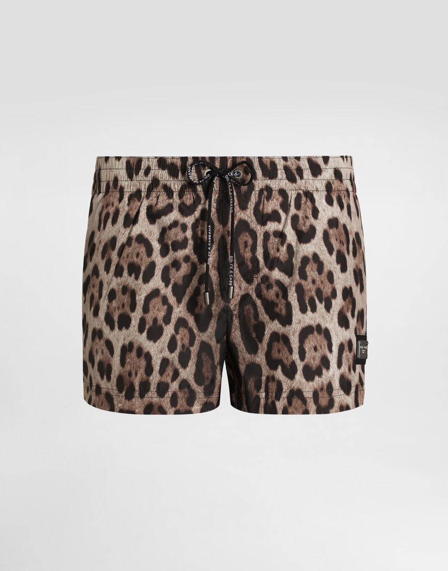Short swim trunks with leopard print