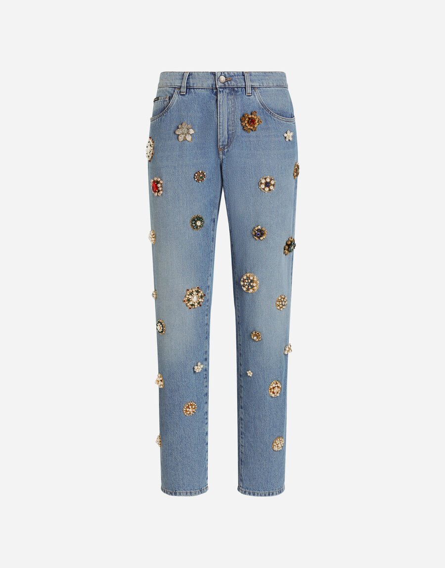 Classic cotton jeans with tag and bejeweled details