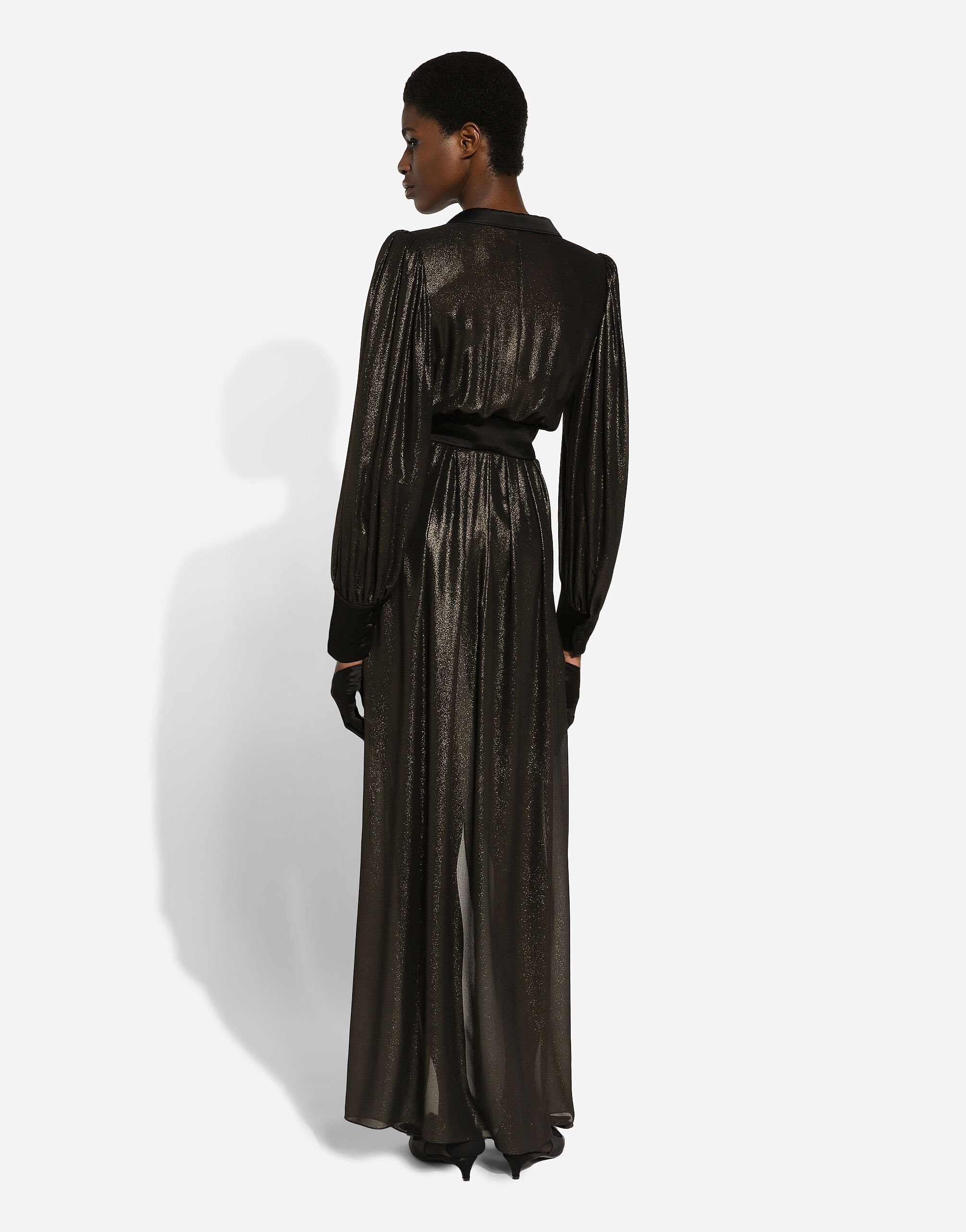 Long foiled silk georgette tuxedo dress in Gold for Women