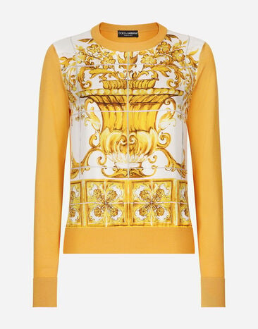 Dolce & Gabbana Silk sweater with majolica-print silk twill panel on the front Print FXX31TJBSJF