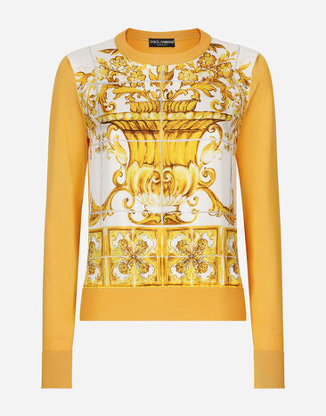 Dolce & Gabbana Silk sweater with majolica-print silk twill panel on the front Yellow BB6003AW050