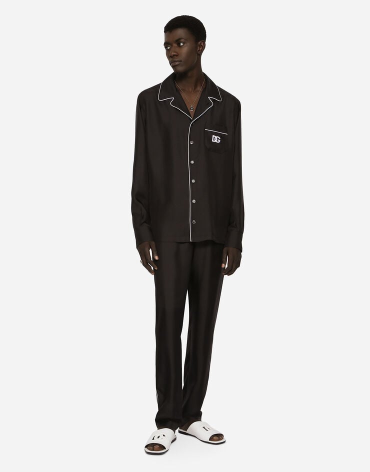 Dolce & Gabbana DG 로고 자수 패치 실크 셔츠 블랙 G5IF1ZGF856