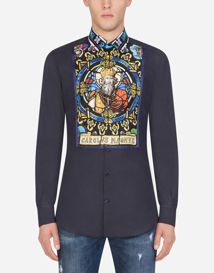 Dolce & Gabbana GOLD COTTON AND PRINTED SILK TUXEDO SHIRT BLUE G5GT1TGEL91