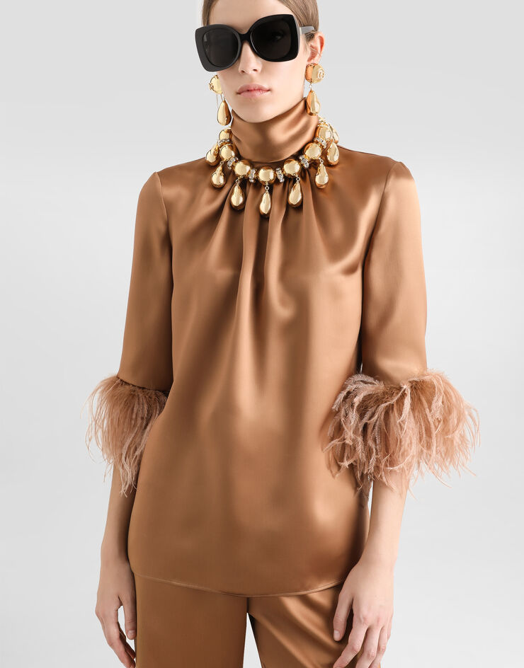 Dolce & Gabbana Double satin turtle-neck top with feathered detailing Beige F7AL6TFU1NU