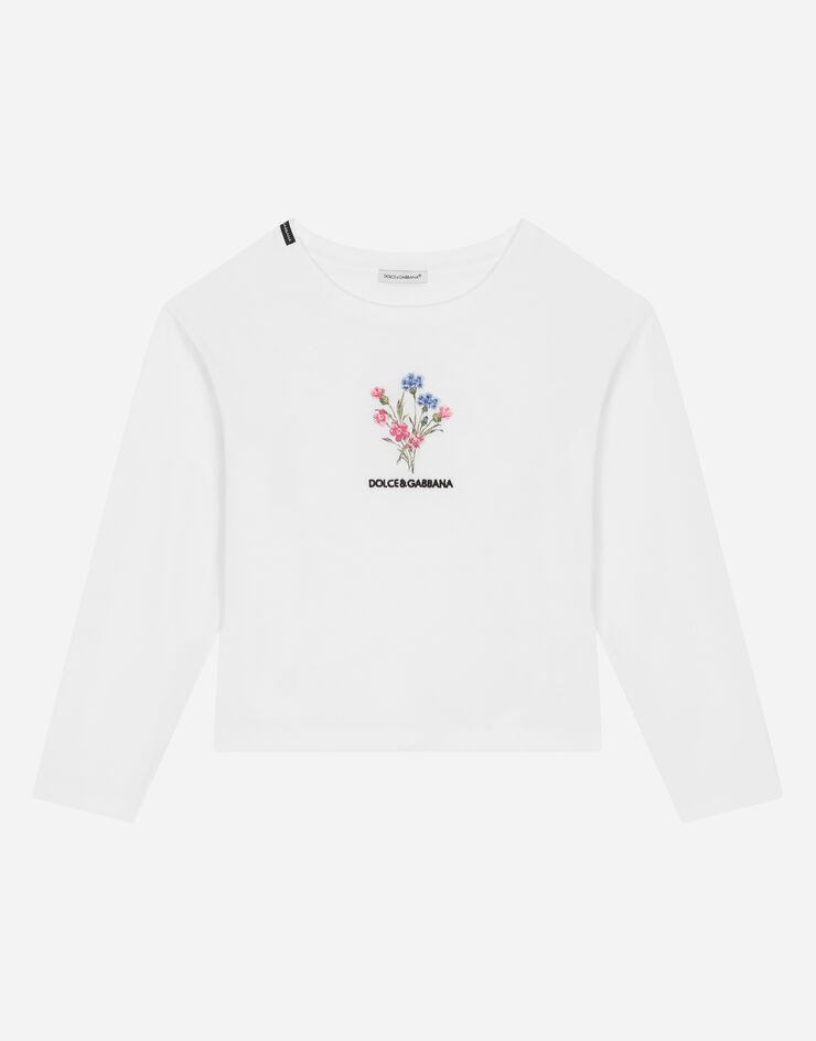 Dolce&Gabbana T-shirt manica lunga in jersey con ricamo floreale White L5JTJLG7KC7