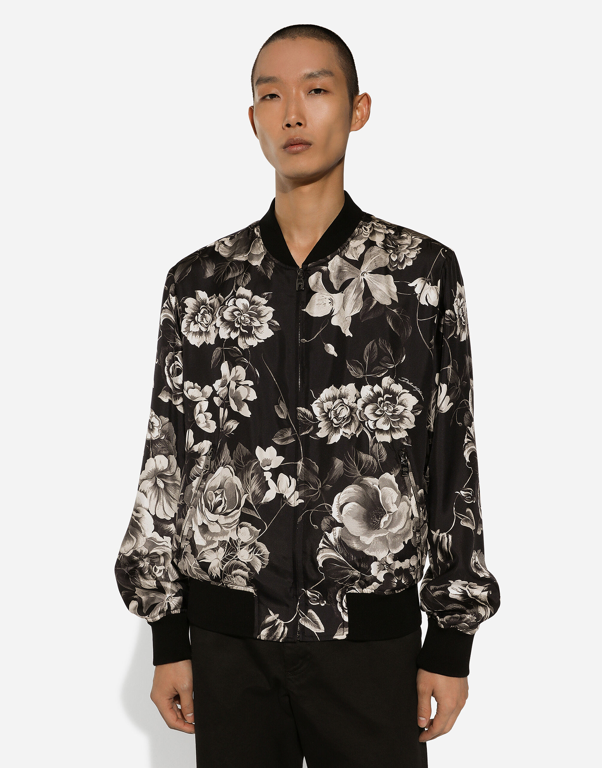 Oversize silk bomber jacket with floral print en Imprime pour homme Dolce Gabbana