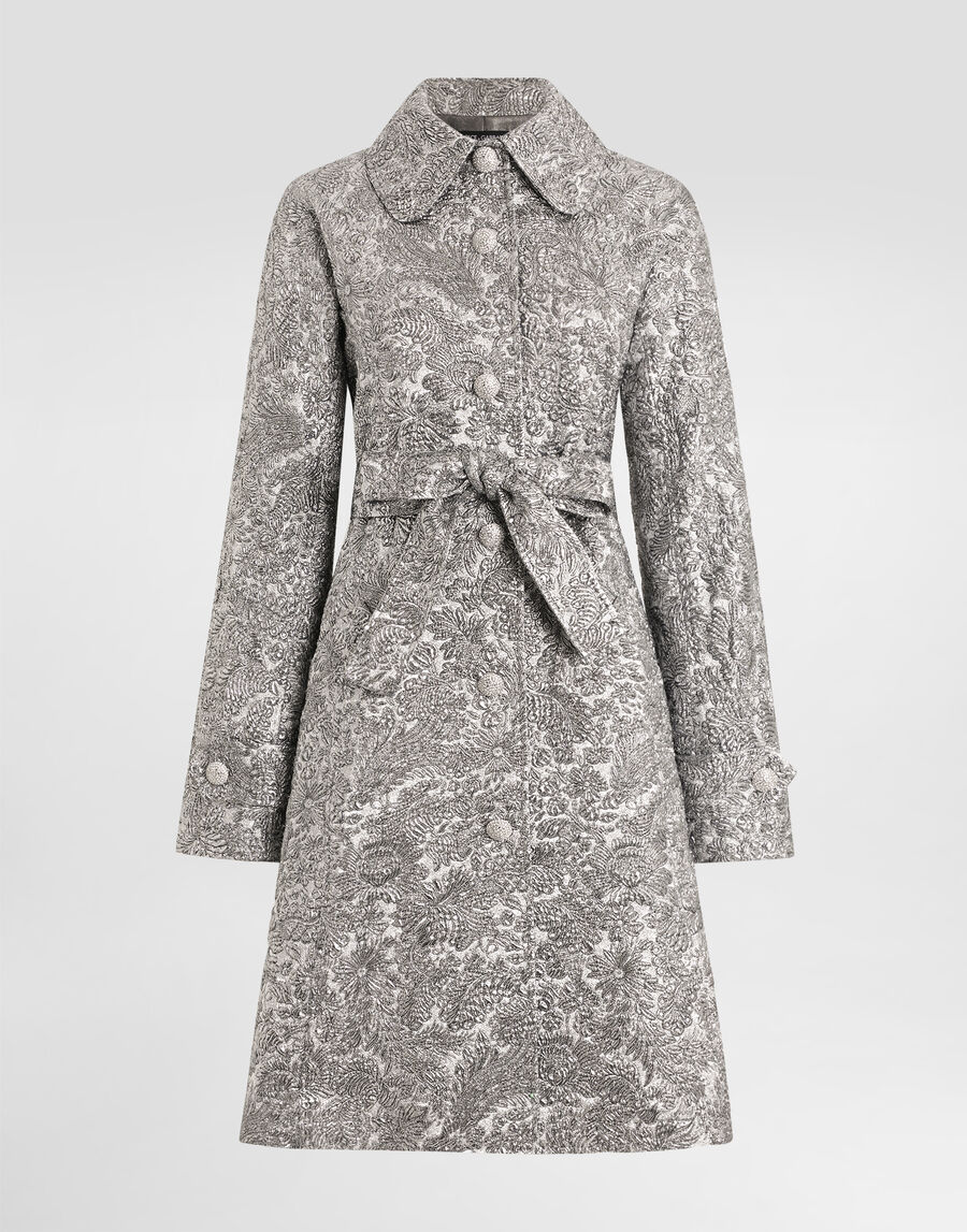 Lamé floral jacquard fabric trench coat