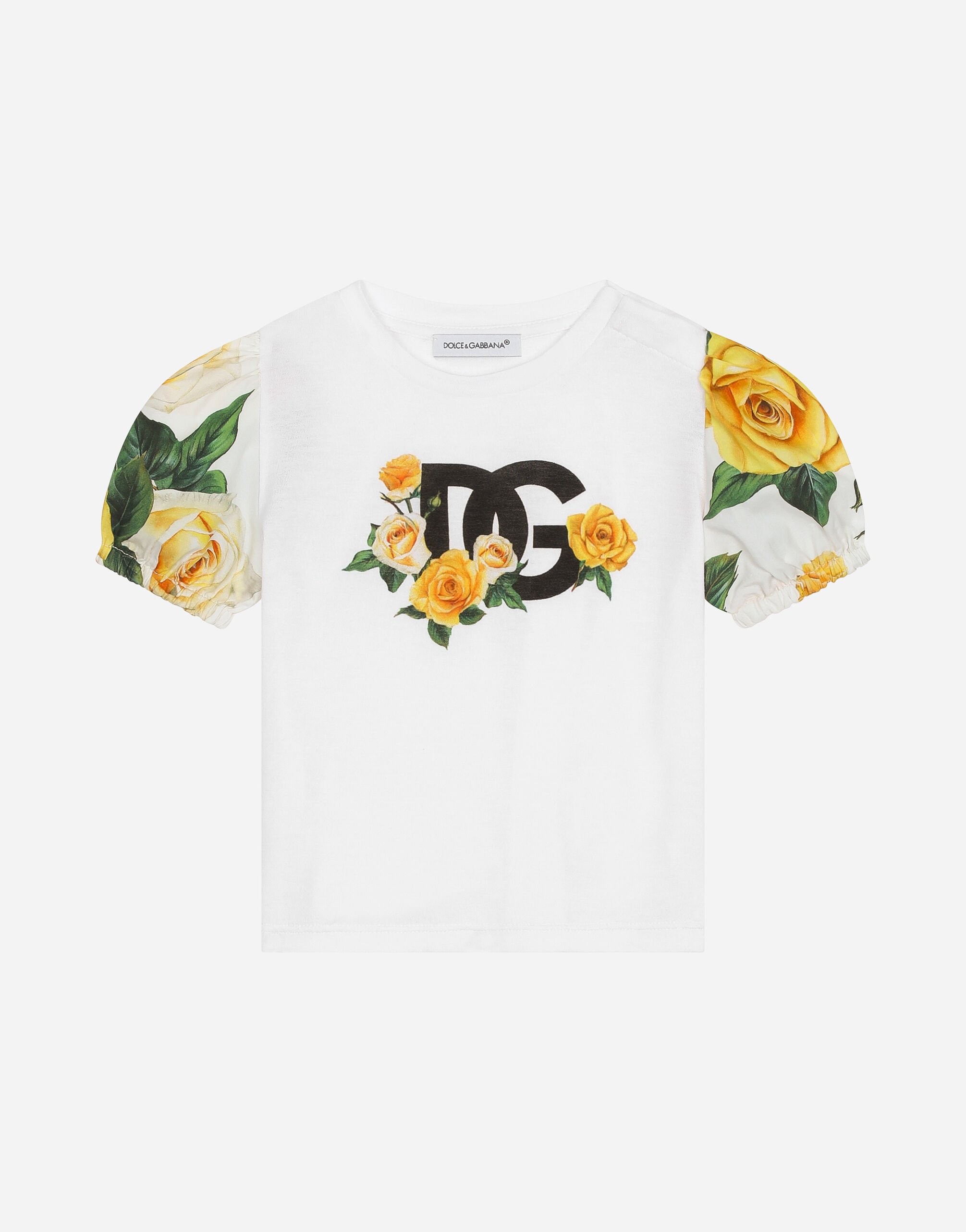 Dolce & Gabbana T-shirt in jersey e popeline con stampa rose gialle e logo DG Stampa L2JW9XHS7OJ