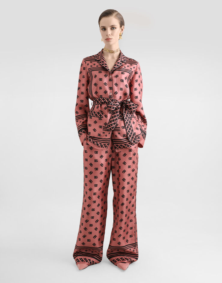 Dolce & Gabbana Silk twill pajama shirt with all-over DG logo scarf print Pink F5I89TGDCVJ