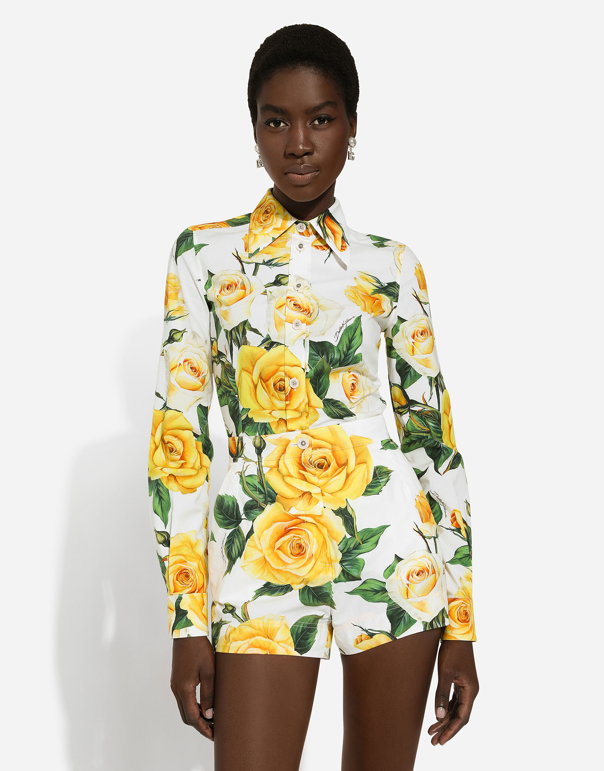 Camicia manica lunga in cotone stampa rose gialle in Stampa da Donna Dolce Gabbana