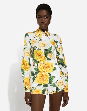 Dolce & Gabbana Long-sleeved cotton shirt with yellow rose print Print F5Q14TFSEHW