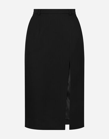 Dolce & Gabbana Gonna longuette in gabardina di lana con spacco Nero F4CXHTFU28J