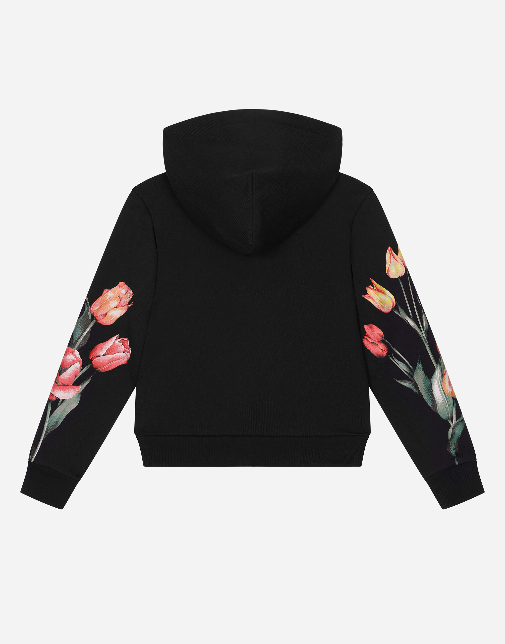 Felpa con cappuccio in jersey con tulipani e placca logata in Blu da Bambina Dolce Gabbana