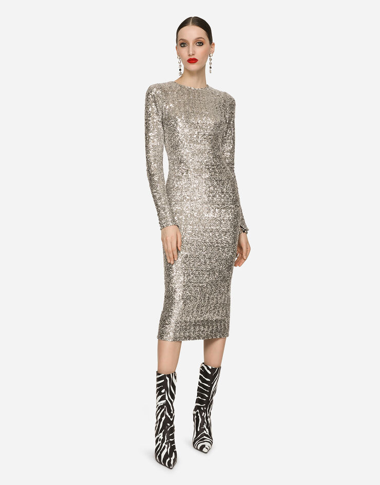 Dolce & Gabbana Robe mi-longue à paillettes Argent F6AFDTHLM5T