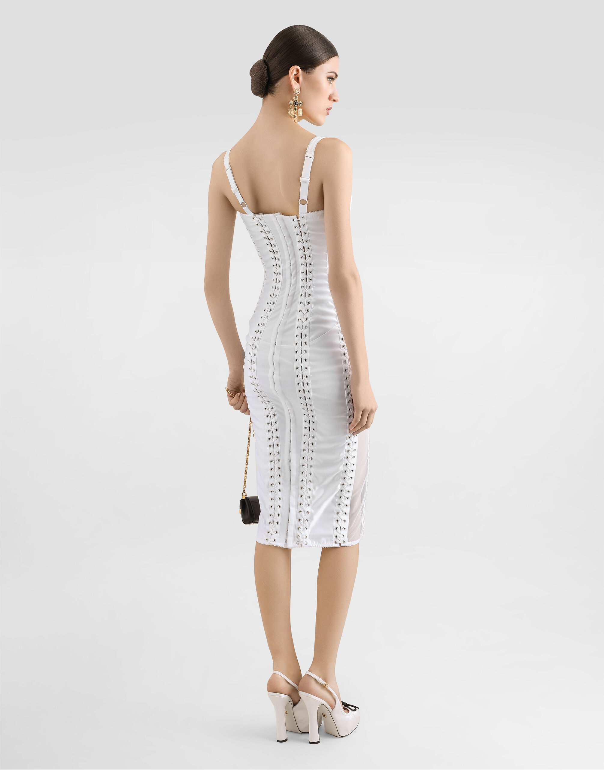 Lace and satin calf-length dress with corset details in White for
