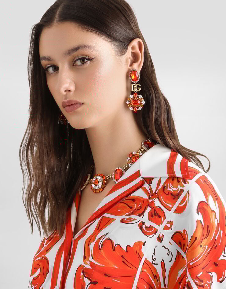 Dolce & Gabbana Majolica-print charmeuse shirt with feather trim Multicolor F5T75ZGDDRJ