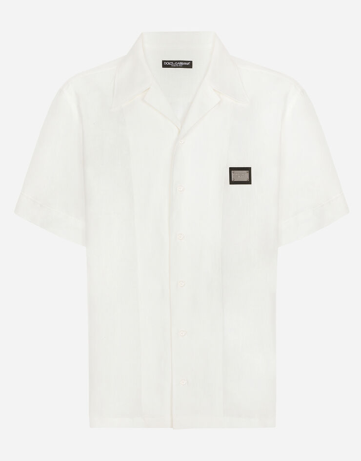 Dolce&Gabbana قميص هاواي كتان ببطاقة شعار أبيض G5LB5TFU4JB