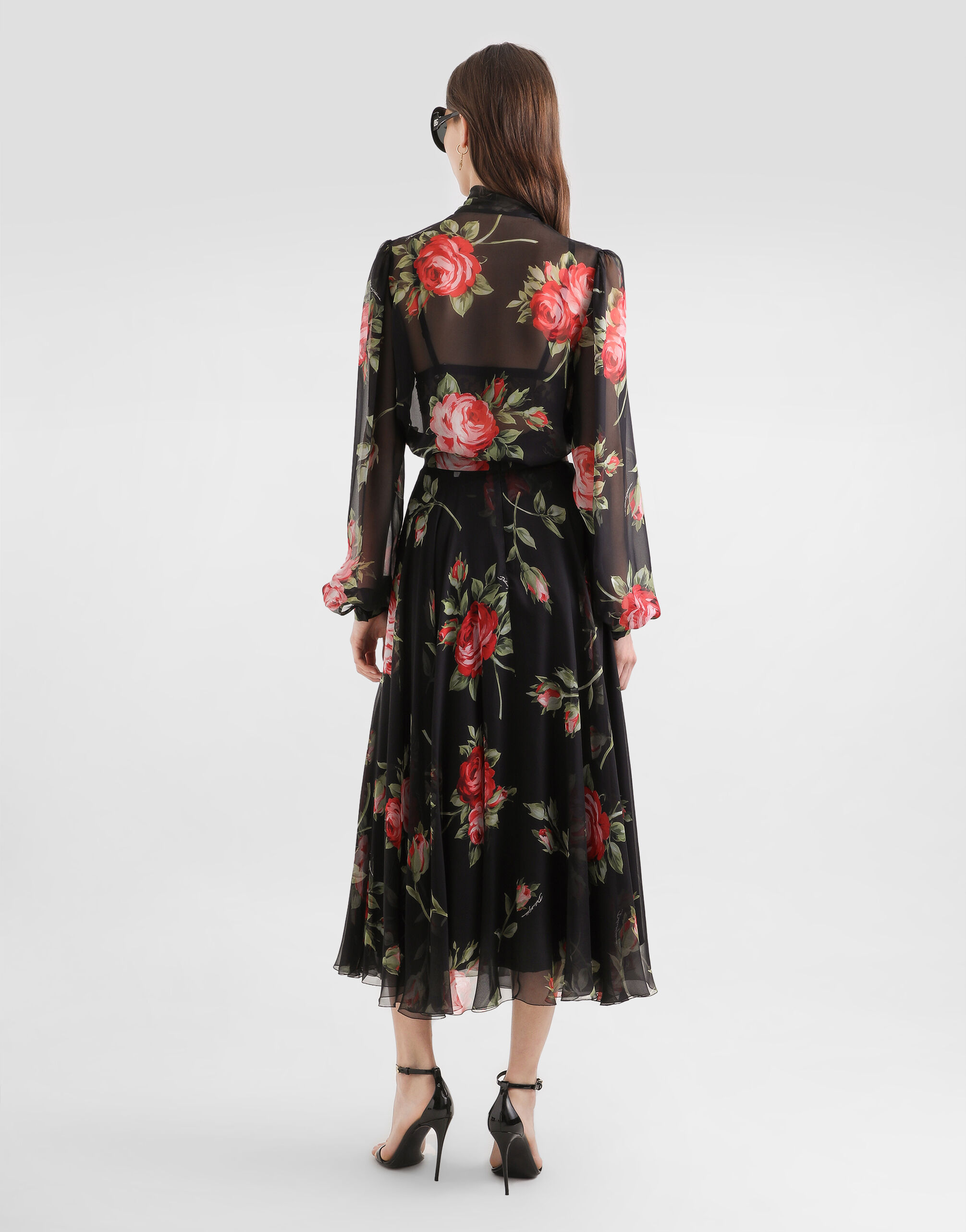 Rose bouquet-print chiffon circle skirt