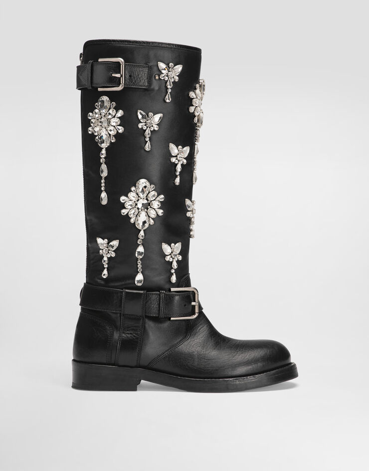Dolce & Gabbana Horse leather boots with crystal embroidery Black CU1248AW847