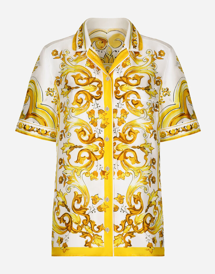 Dolce & Gabbana Kurzarmbluse aus Seidentwill Majolika-Print Drucken F5S02THI1TK
