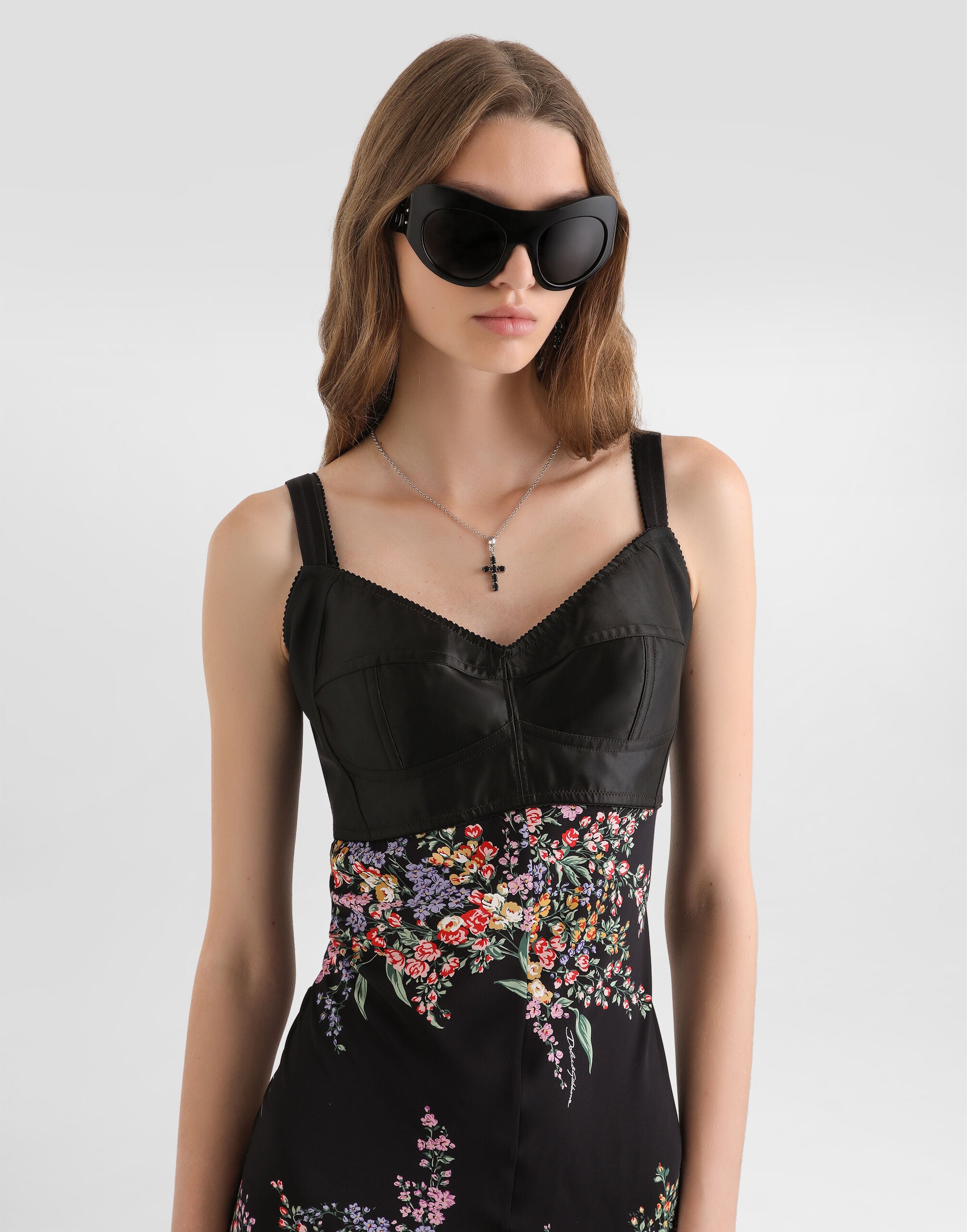 Flower bouquets-print long charmeuse dress in Multicolor for Women