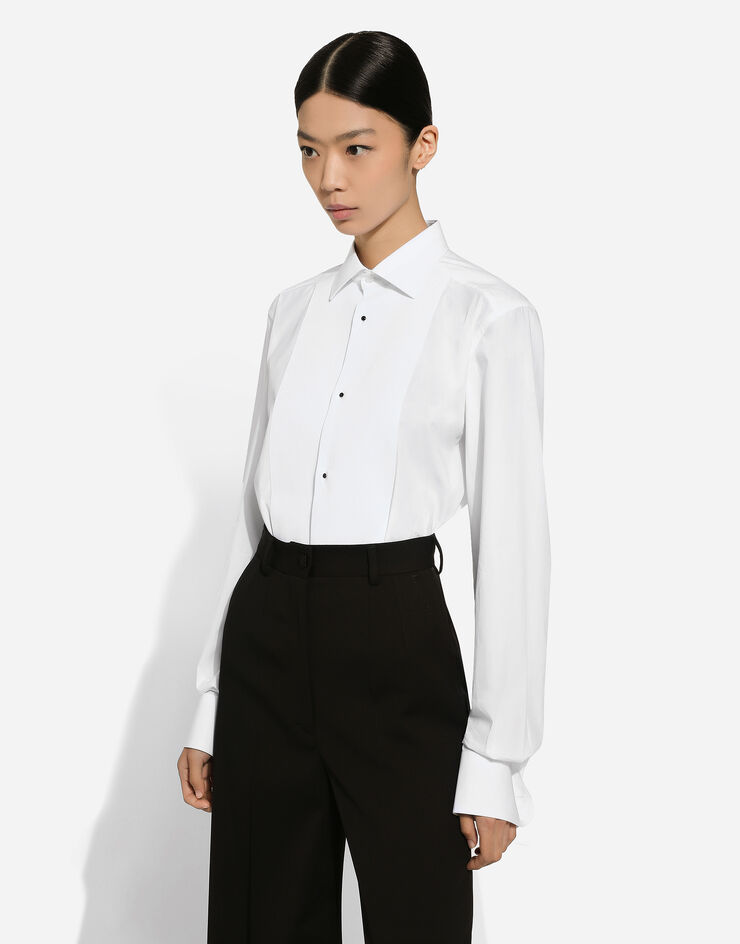 Dolce & Gabbana Camisa de esmoquin de algodón con plastrón de piqué Blanco F5S30TFU5K9
