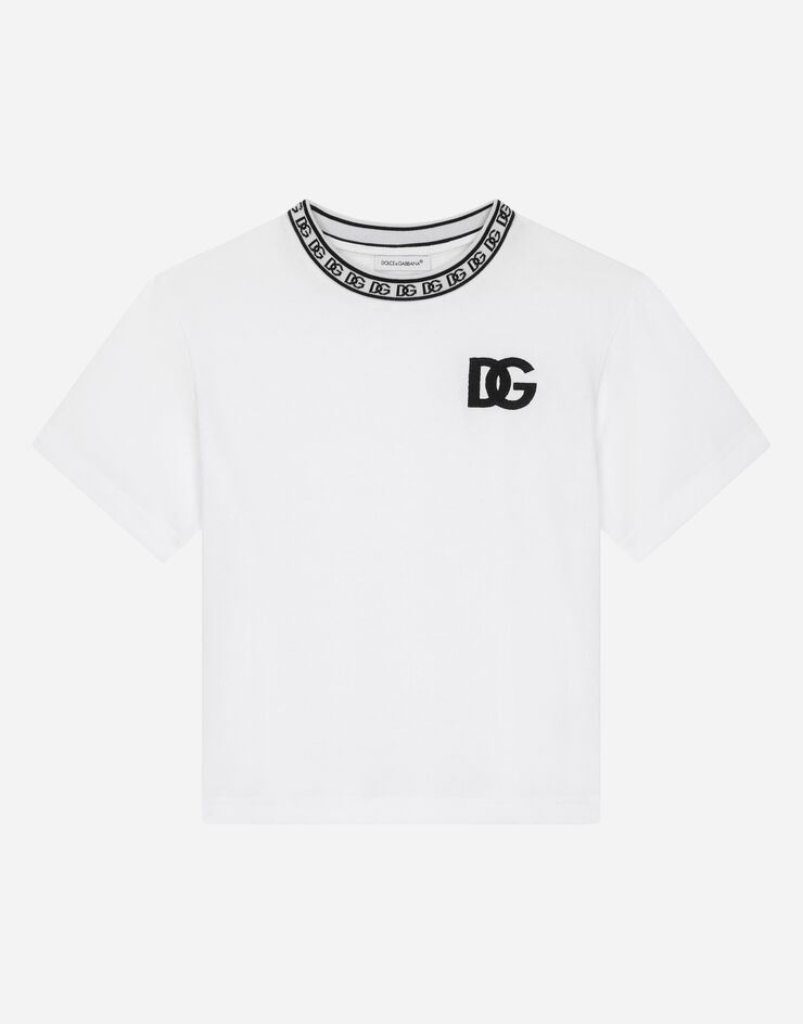 Dolce & Gabbana T-Shirt aus Jersey DG-Logostickerei Weiss L4JTEYG7IK1