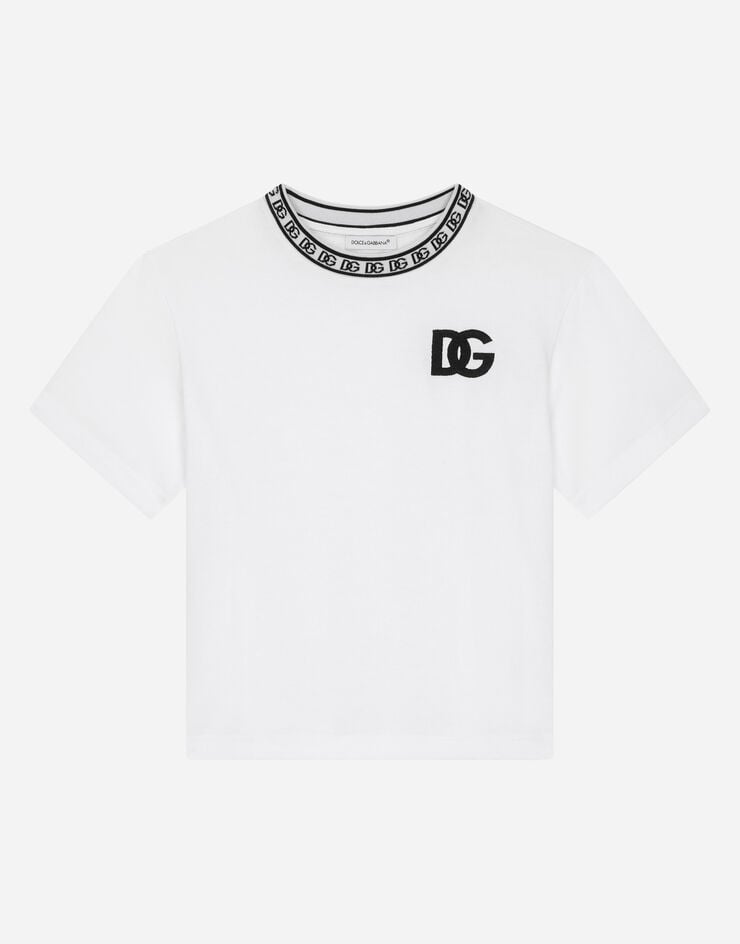 Dolce & Gabbana DG 로고 자수 저지 티셔츠 화이트 L4JTEYG7IK1