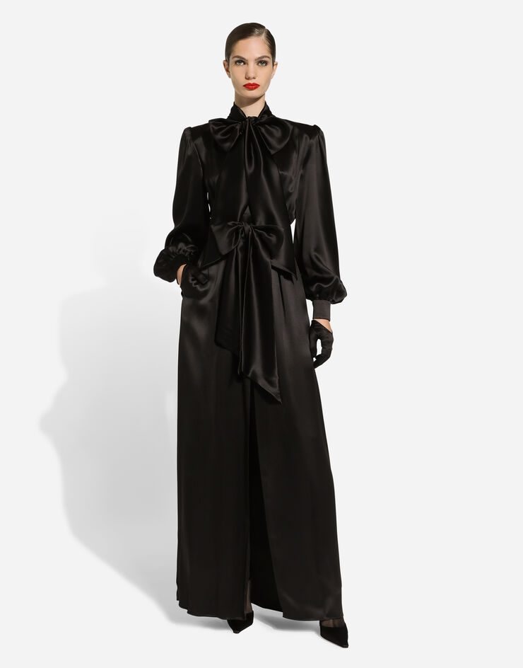 Dolce & Gabbana Vestido largo en raso de seda con abertura delantera Negro F6JNSTFU1NU