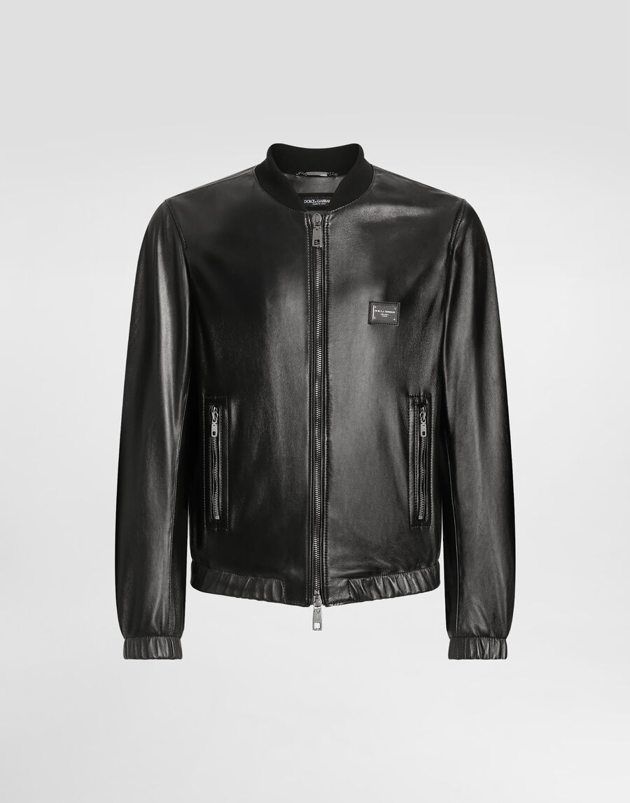 Leather jacket with branded tag