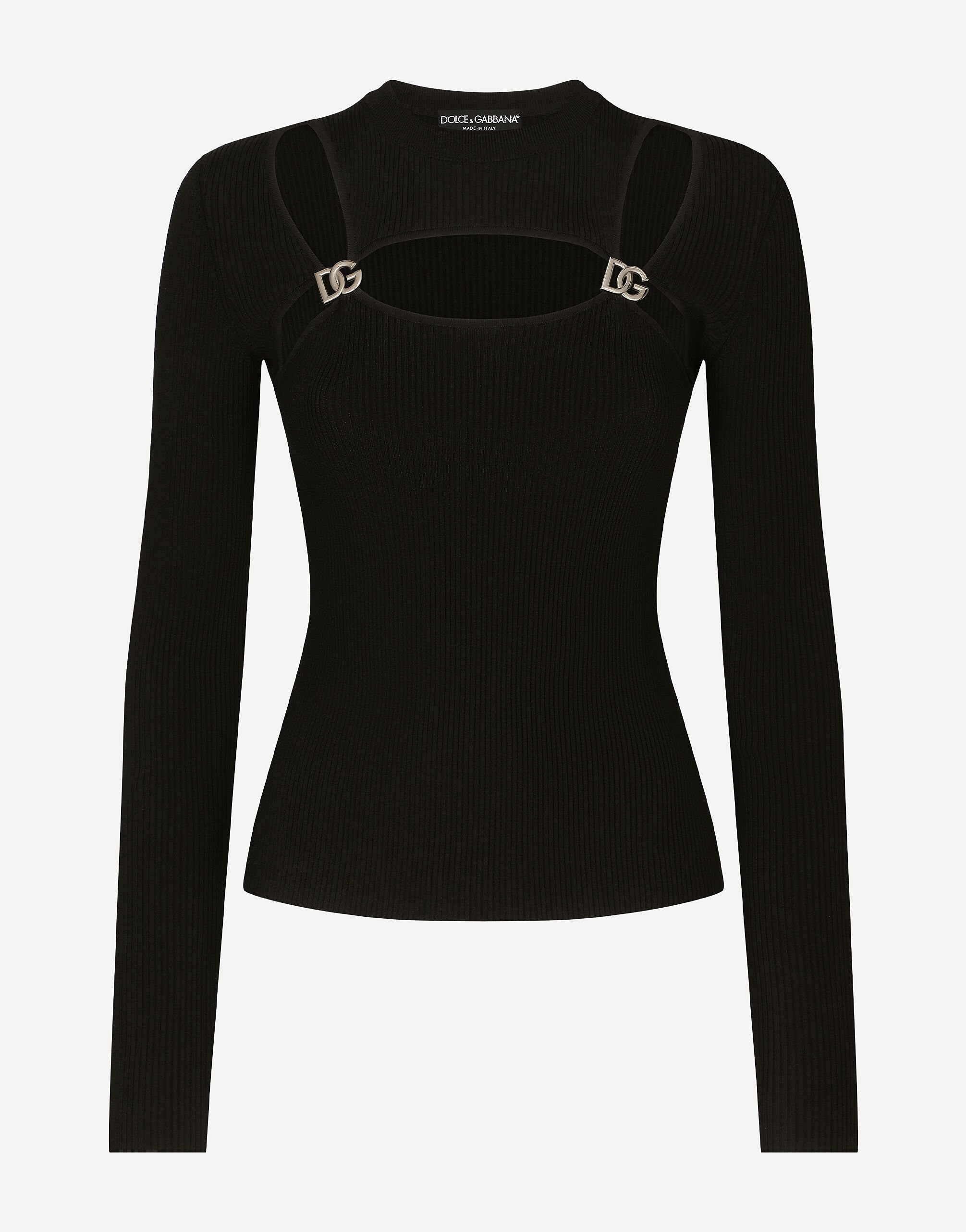 Dolce & Gabbana Ribbed viscose sweater with DG details Black FXV15ZJFMBC