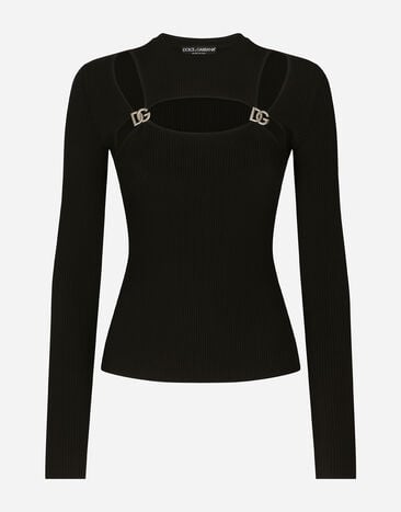 Dolce & Gabbana Ribbed viscose sweater with DG details Black FXV15ZJFMBC