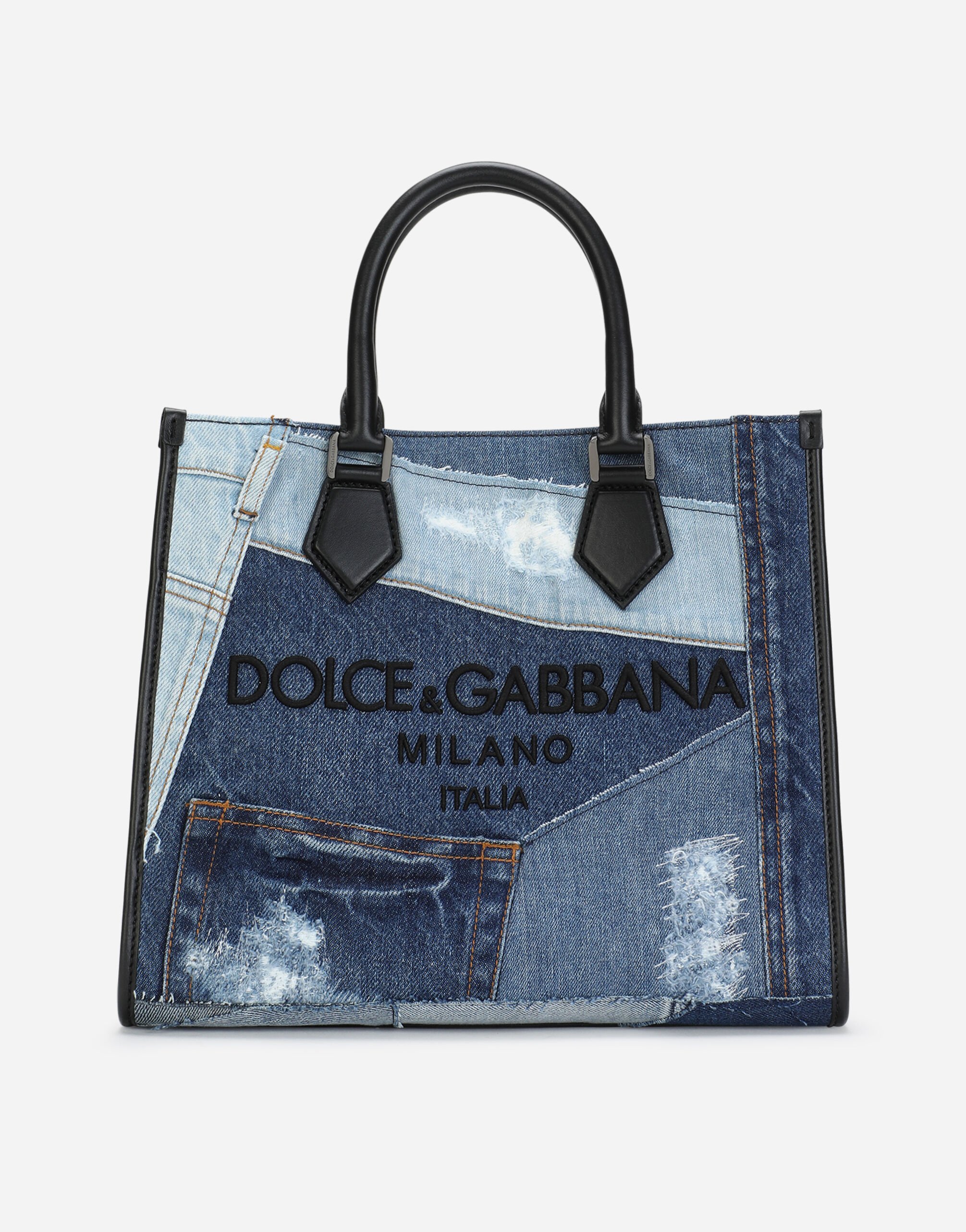 Dolce & Gabbana Shopper Edge aus Denim Patchwork mit Logo Beige BM3025AN232