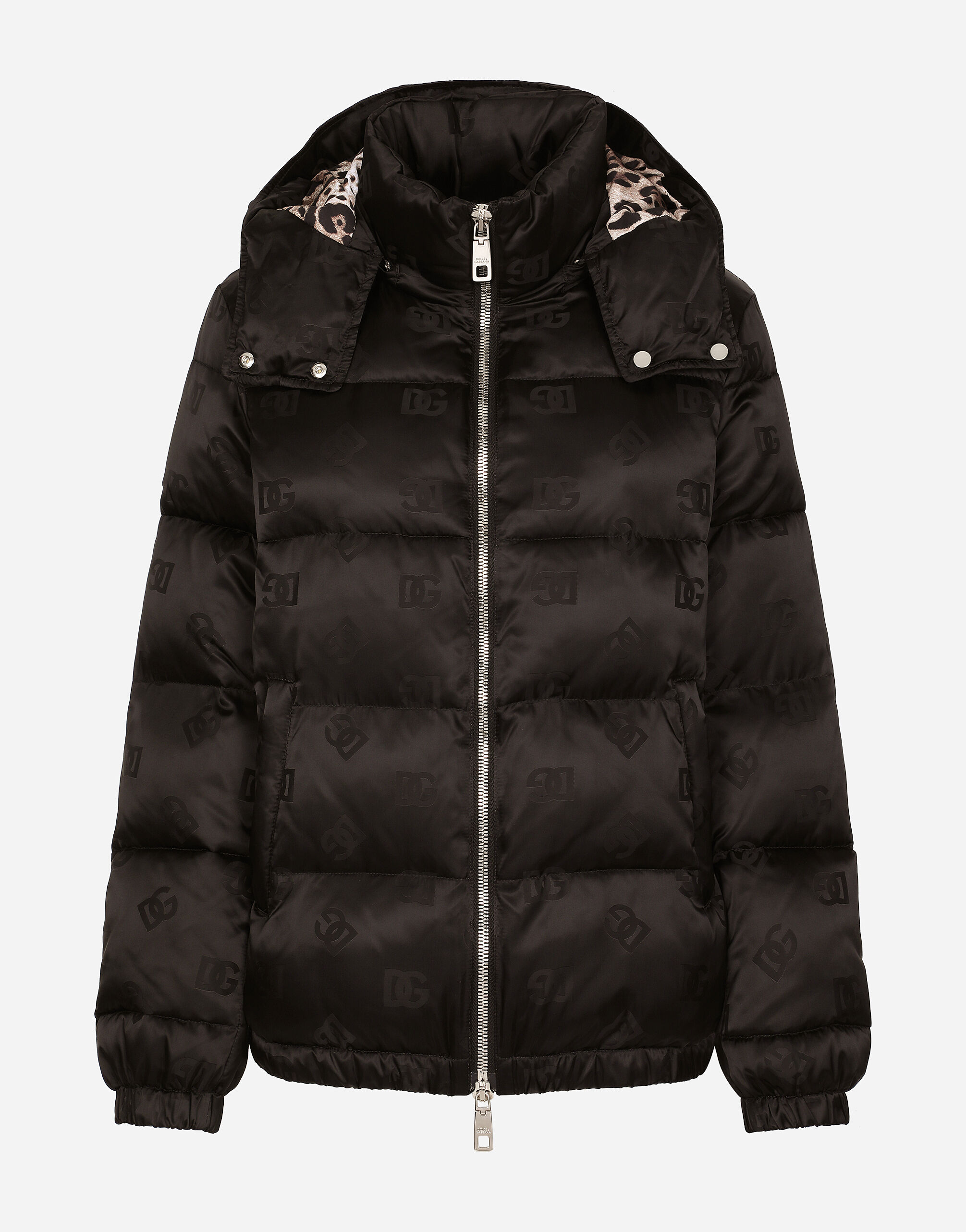Satin jacquard down jacket with all over DG logo in Black for Women Dolce Gabbana
