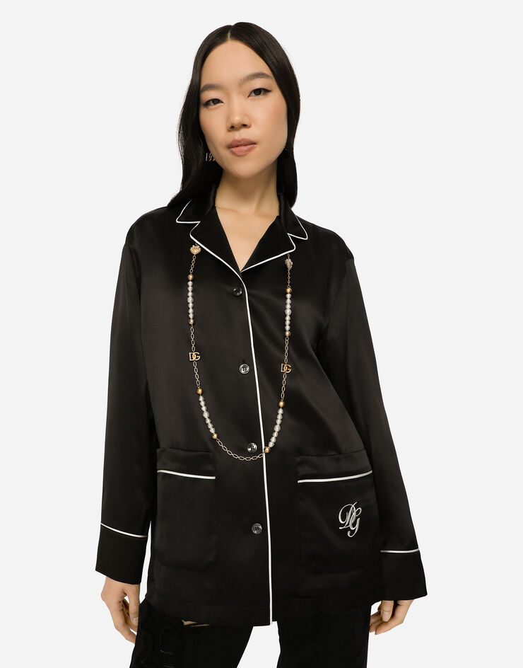 Dolce & Gabbana Satin pajama shirt with DG embroidery Black F5O12ZFU1AU